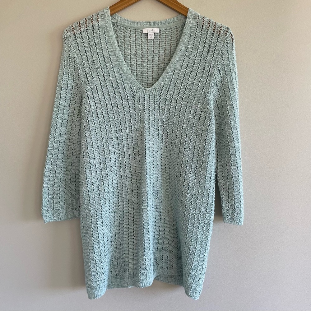 J. Jill Women's Open-Knit V-Neck Sweater Aegean Mist Size Medium Petite